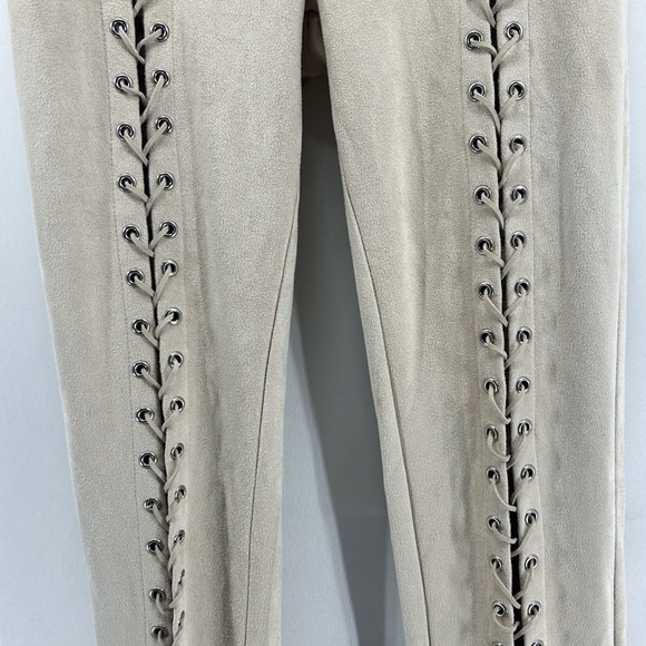 Manière De Voir Beige Faux Suede Lace Up Front Eyelet High Rise Leggings Pants - Picture 3 of 7